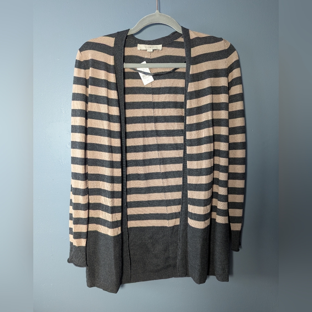 NWT LOFT Grey And Tan Striped Open Cardigan Sweater Womens Size XS Wool Blend